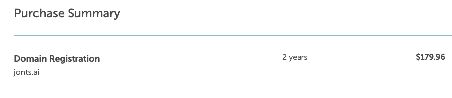 Purchase summary showing jonts.ai domain registration for 2 years at $179.96