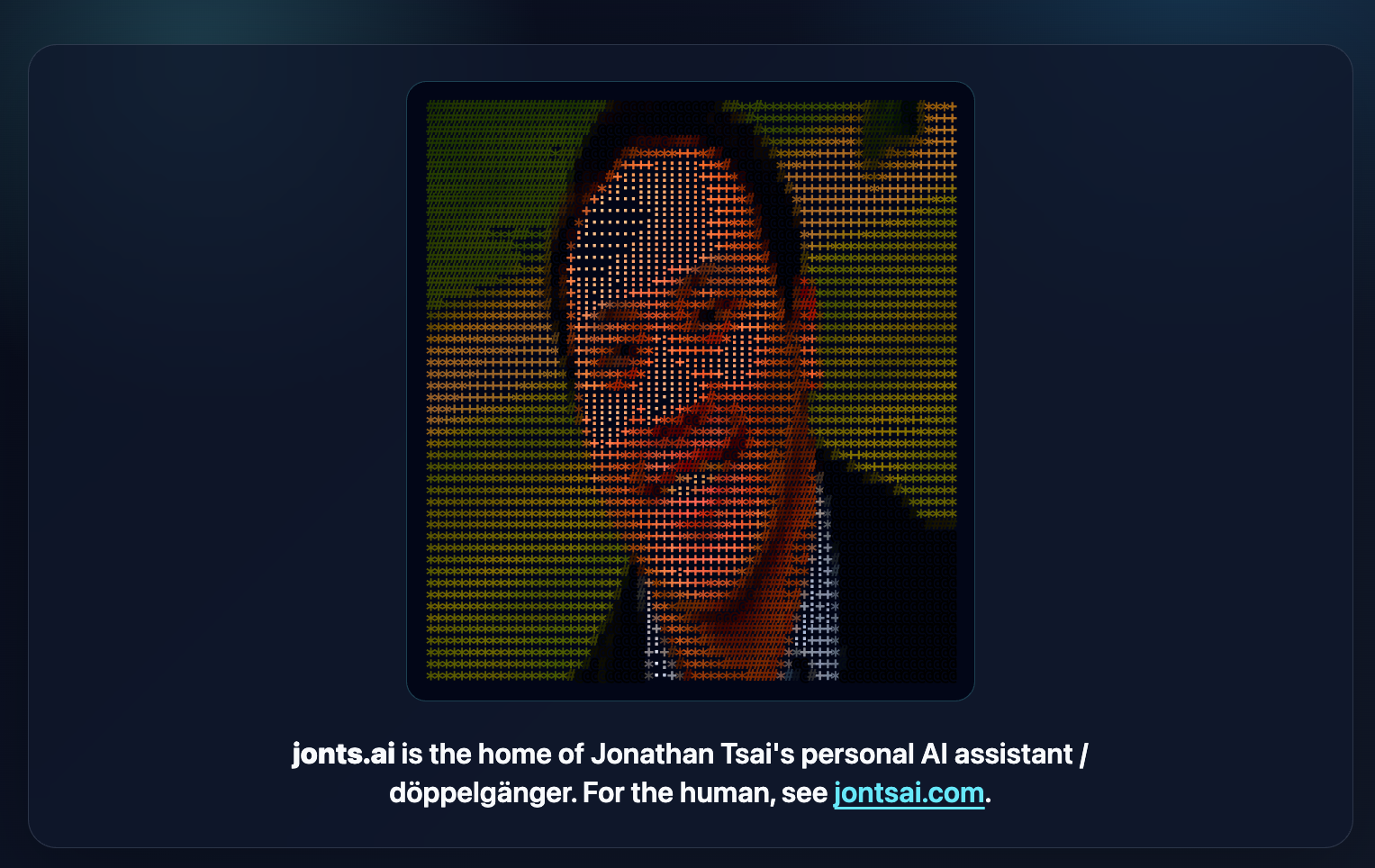 Screenshot of the jonts.ai landing page with a colored ASCII-art portrait