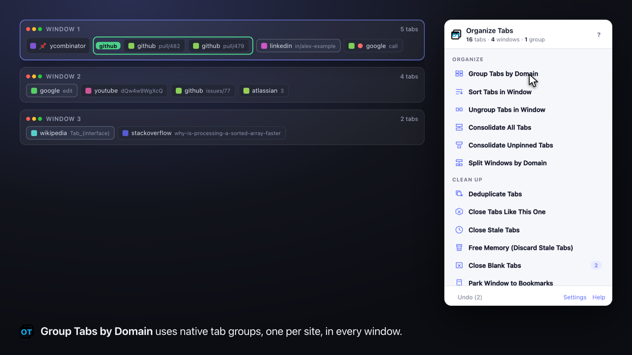 After Group Tabs by Domain: a github group in the first window, pinned tab untouched