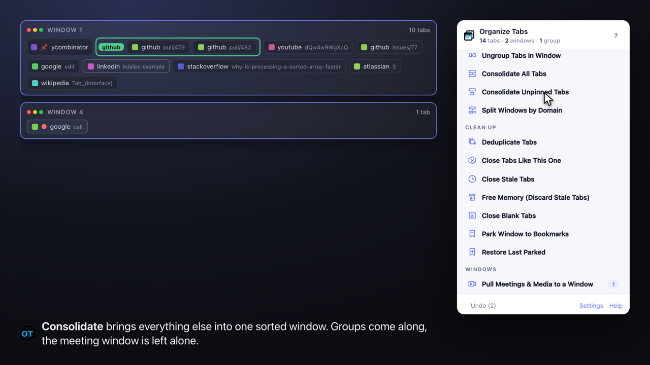 After consolidating: everything in one sorted window, the meeting in its own